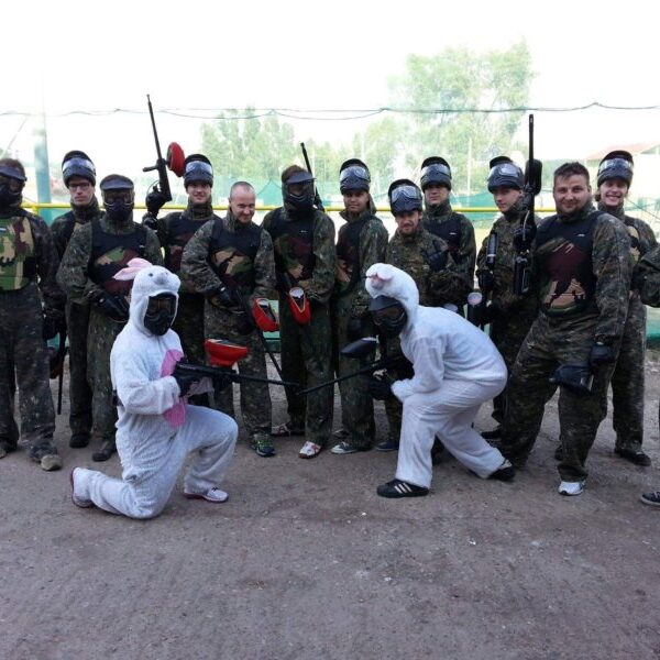 Paintball Prague-Group of people on the field in costumes.